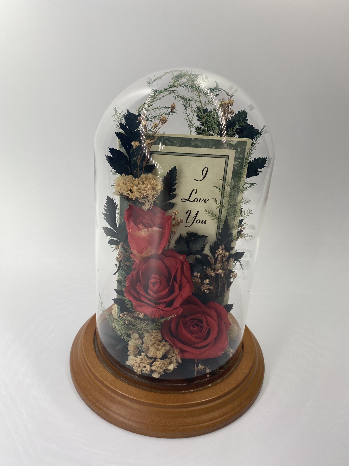 Vintage Dried Red Roses Flower Arrangement Preserved in 7.5” Glass Dome