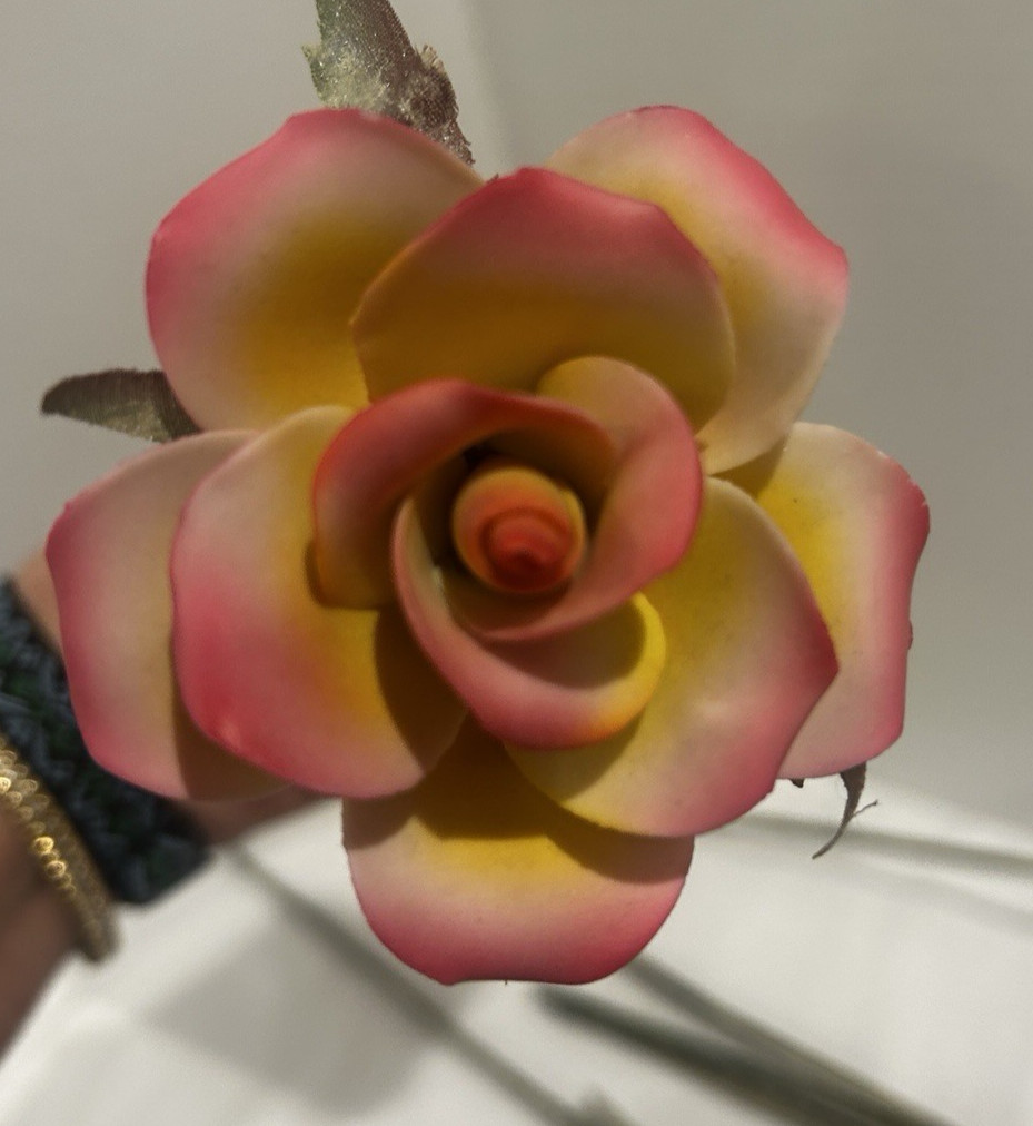 6 Vtg Porcelain Long stem roses silk leaves and wire stems-unique find!