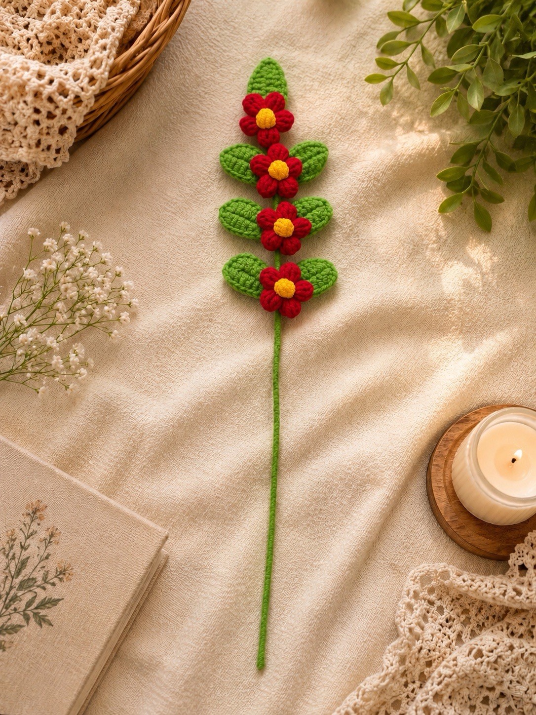 Handmade Crochet Red Flower Stem Forever Flower Home Decor Gift Faux Floral