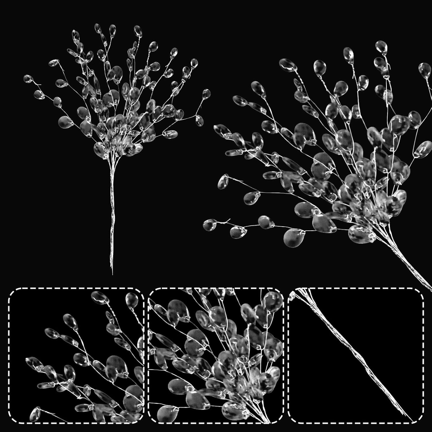 20PCS Clear Acrylic Crystal Flower Branches Bead Drop Bouquets Wedding Decor