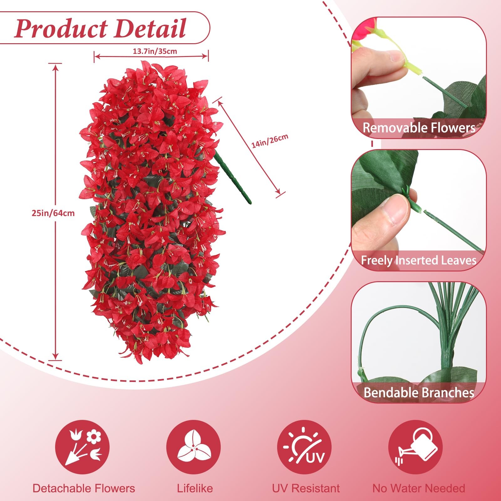 UXORSN 2PCS Faux Bougainvillea UV Resistant 12.3″D x 4″W x 3.3″H, Red
