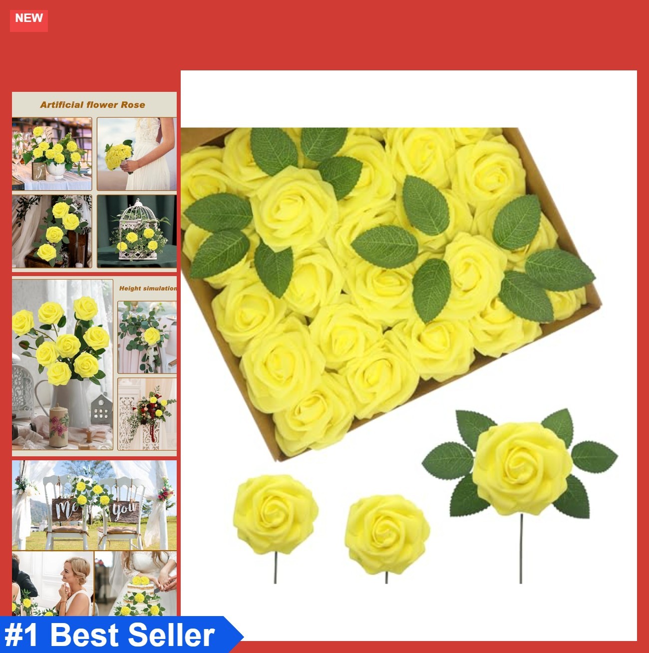 Artificial Flowers Yellow Realistic Roses Latex Foam 100pcs 3 Inch Head 7 Inch