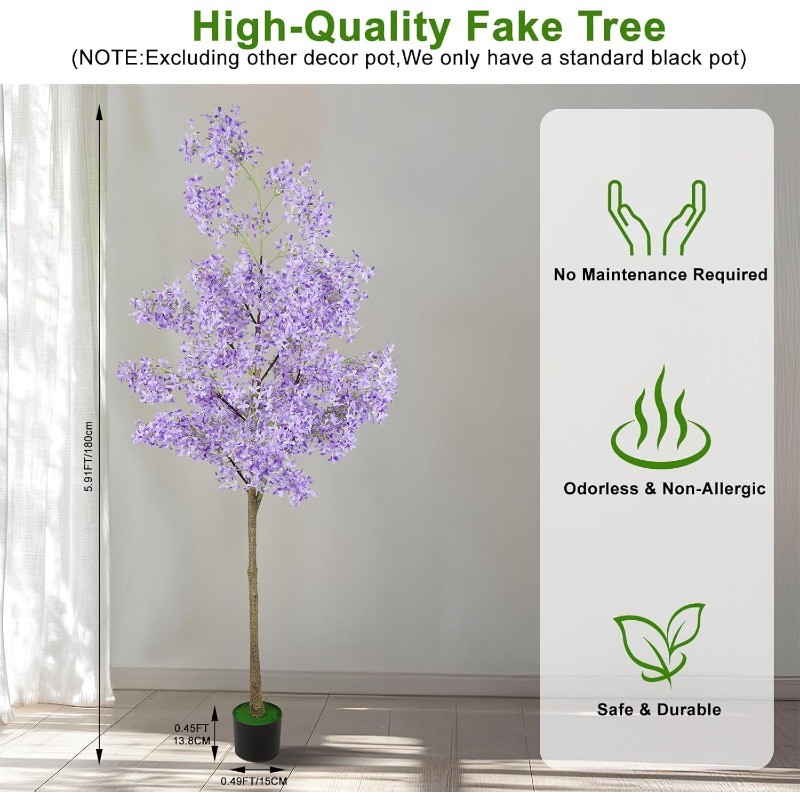 6FT Artificial Winter Jasmine Tree with Cement Base Pot Faux Floor Plant, Purple