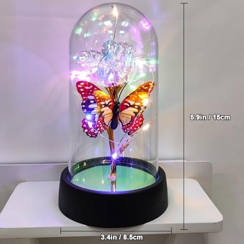 Light Up Rose in Glass Dome LED Butterfly Decor Birthday Mother Day Gift