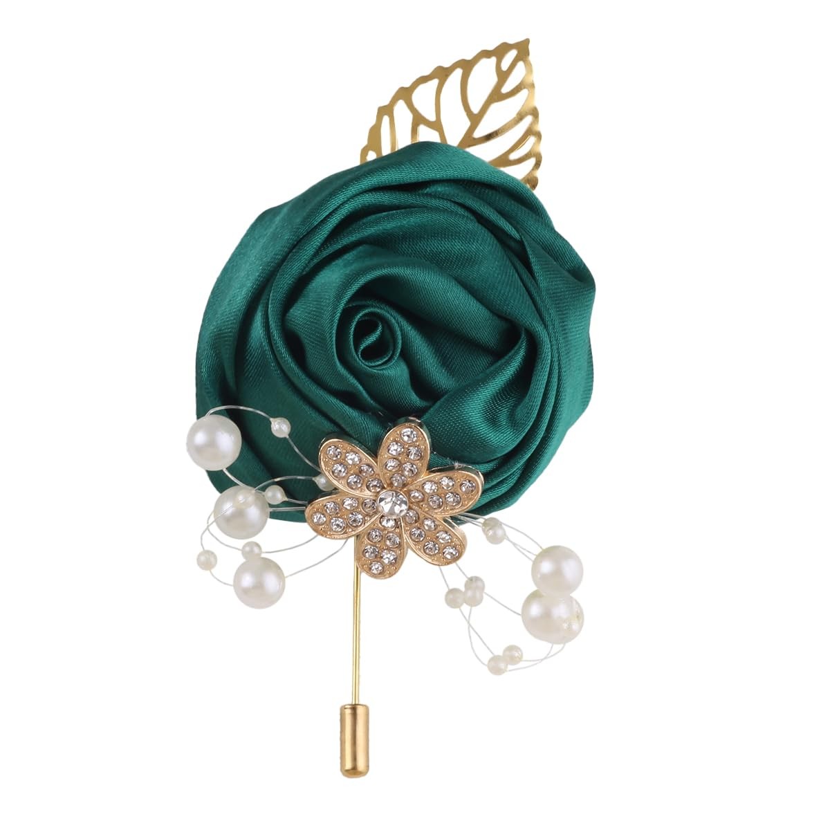 5pcs Emerald Green Boutonniere, Gold Leaf, Faux Silk Rose, Corsage, Wedding