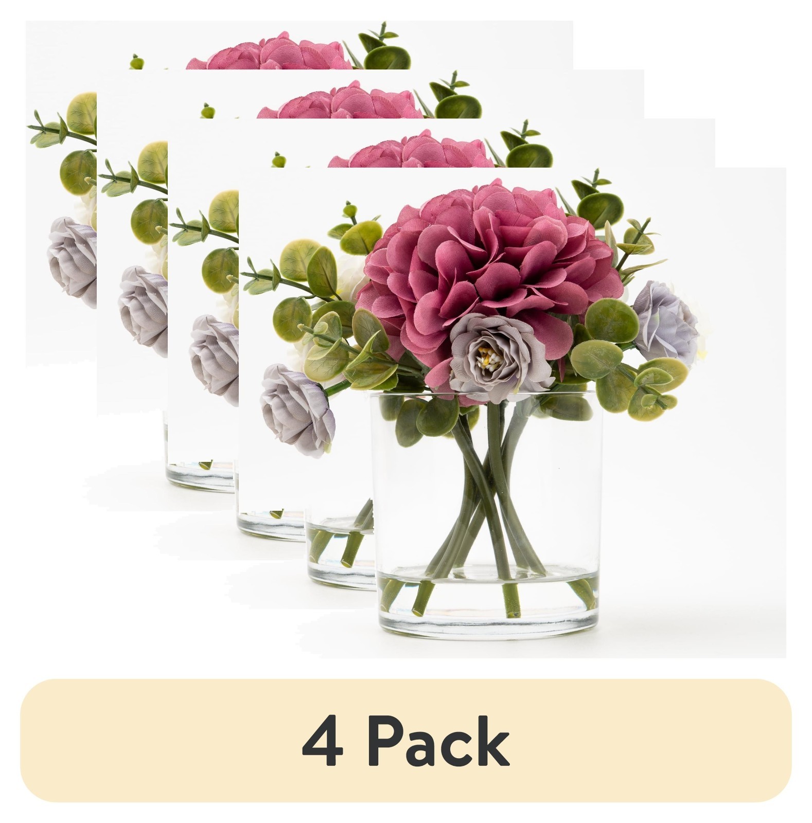 (4 pack) Mixed Faux Hydrangea Arrangement in Clear Glass Vase