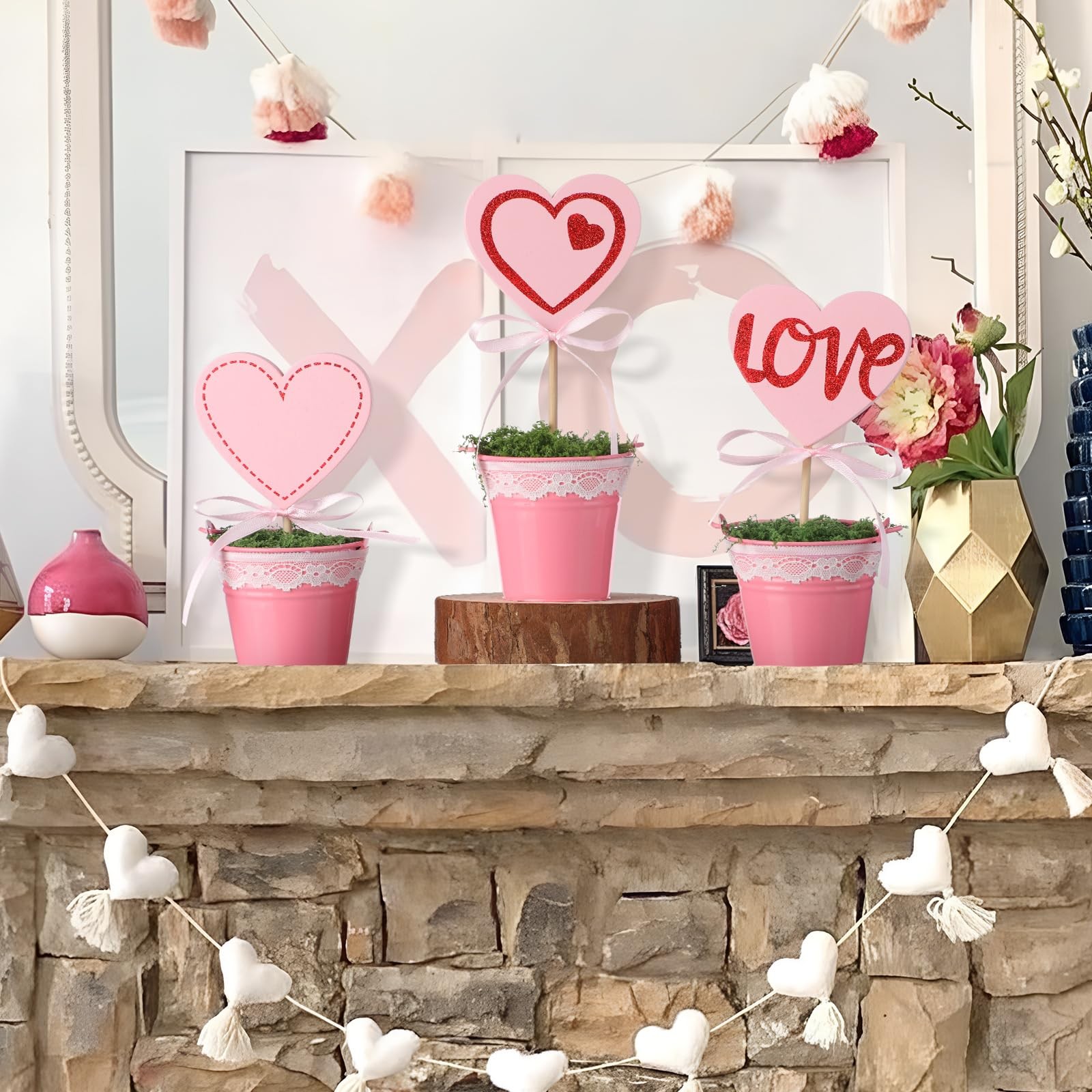 3 PCS Valentine Glitter Heart Topiary Tree Artificial Pink 5.57 Inch Pot