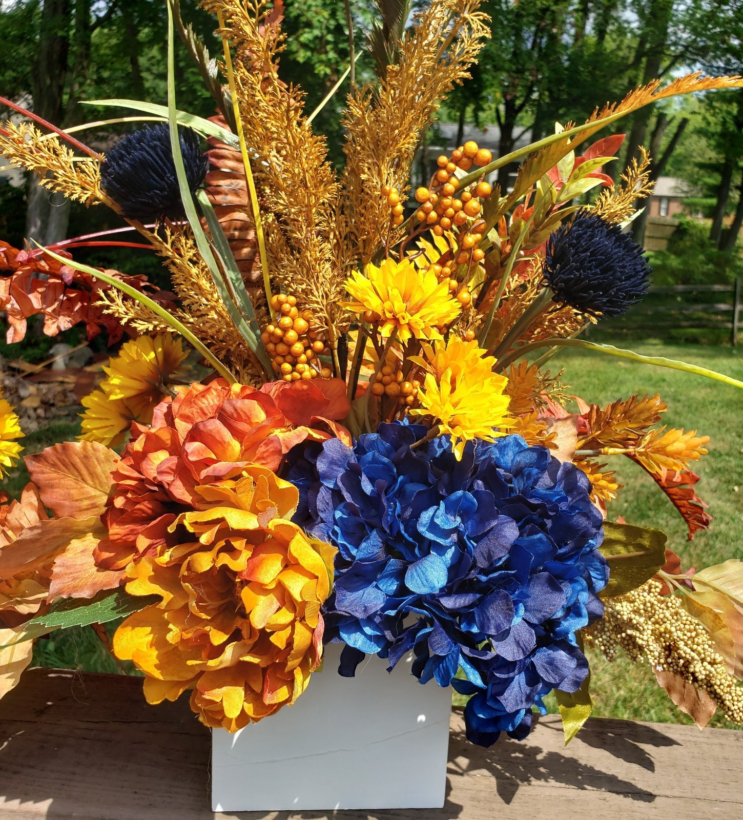 Set of 2 Large Fall Floral Arrangements, Blue Hydrangea Autumn Mantel Decor