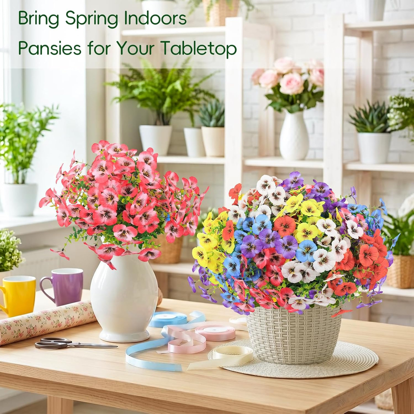 Artificial Flowers 12 Bundles UV Resistant Pansies for Outdoors, Faux Garden