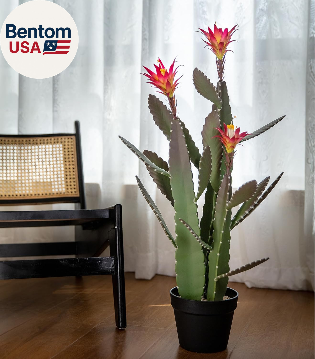 33 Inch Large Artificial Cactus with Magenta Flowers in Pot with Natural Gravel.