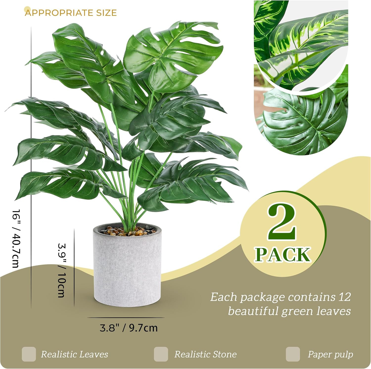 2Pcs Fake Plants 16″ Faux Plants Artificial Tropical Plants Indoor for Home Offi