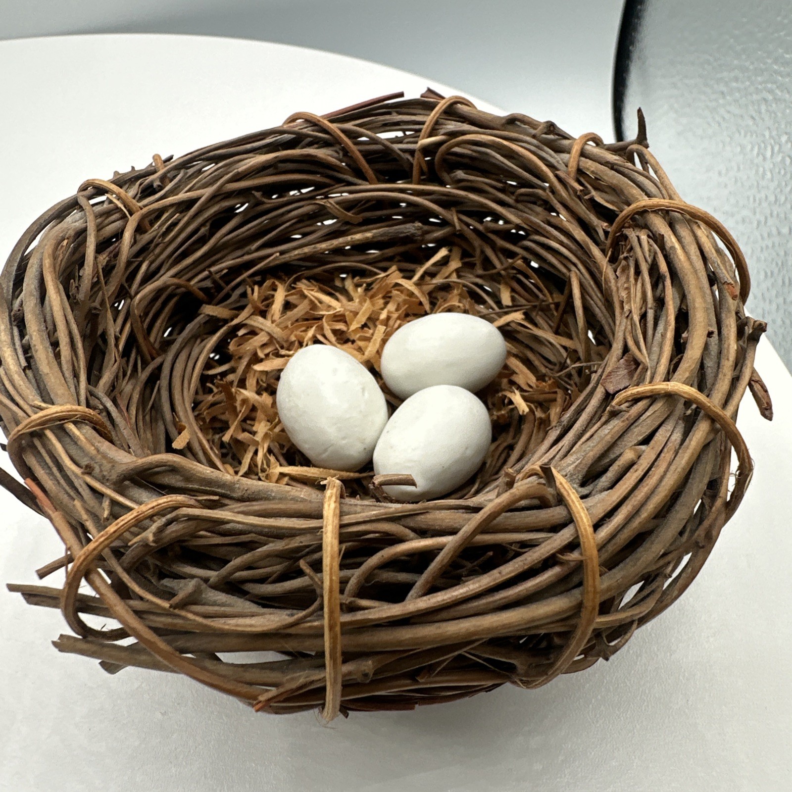 Vintage Porcelain Bird Nest Figurine Set 2 Birds 3 Eggs Woven Twig Nest Decor
