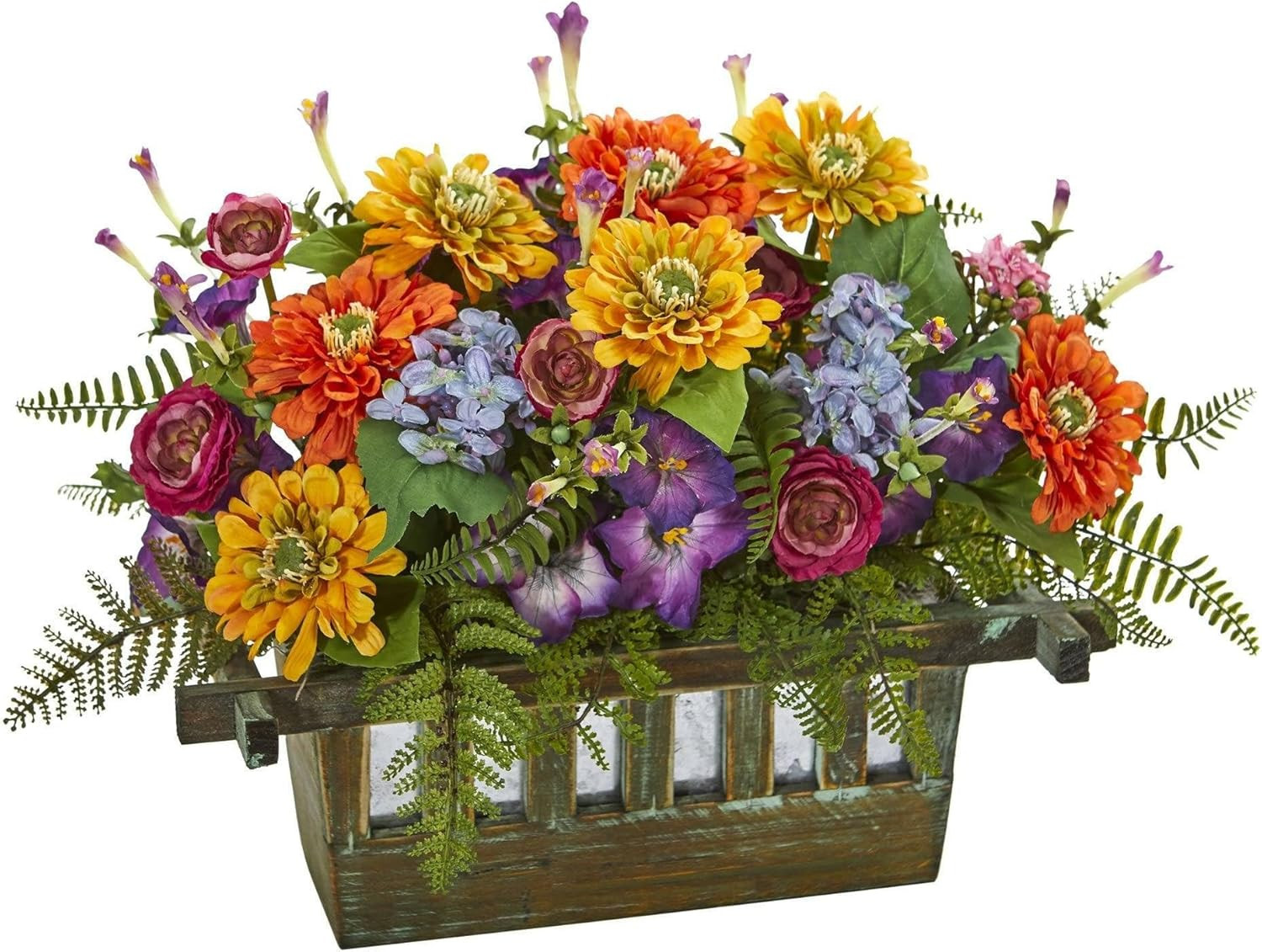 Vibrant Mixed Floral Arrangement in Wooden Planter – 13x20x14 Inches