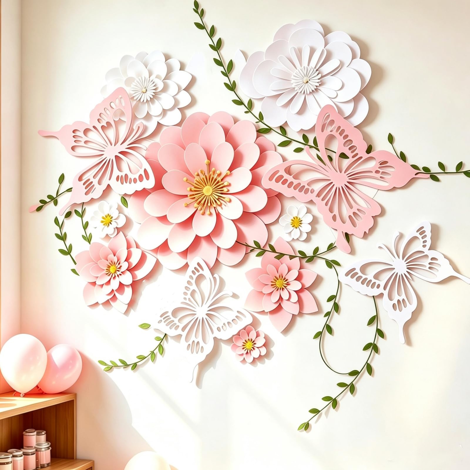 3D Paper Flowers Butterflies 9PC Pink White Garden Wall Decor Backdrop