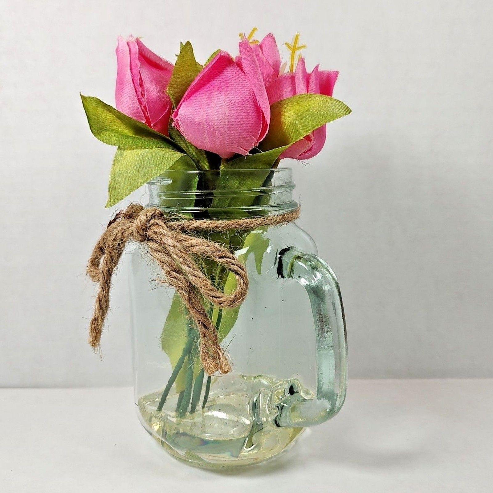 Artificial Flower Market Bouquet Arrangement Mason Jar Vase Glass w/ Handle New