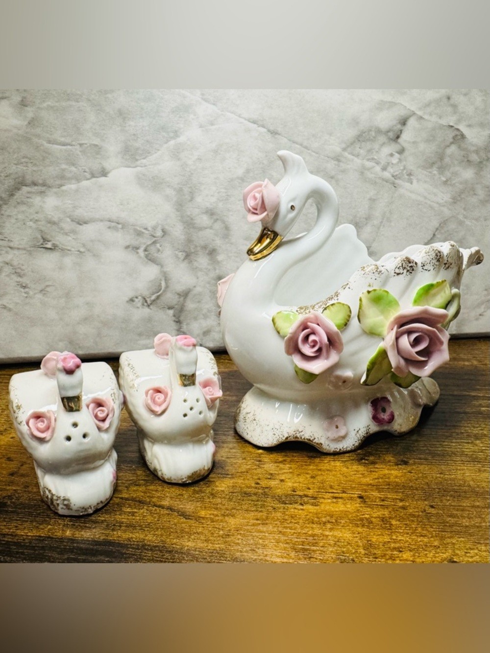 Vintage Napco Porcelain Swan Planter Vase w/ Japan Salt & Pepper Shakers