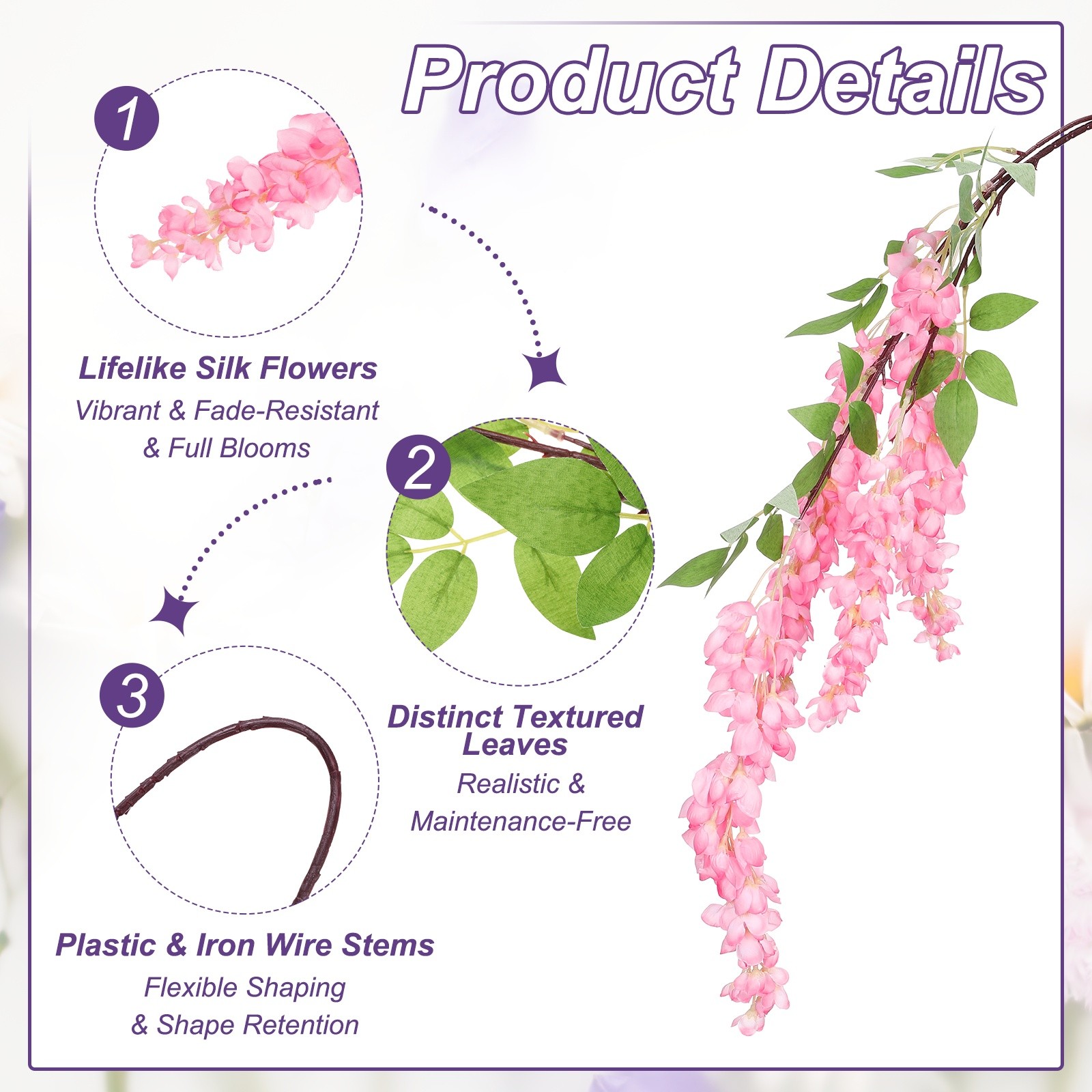 2 Pcs Artificial Wisteria Hanging Flowers 3.9 ft Fake Floral Dark Pink/Champagne