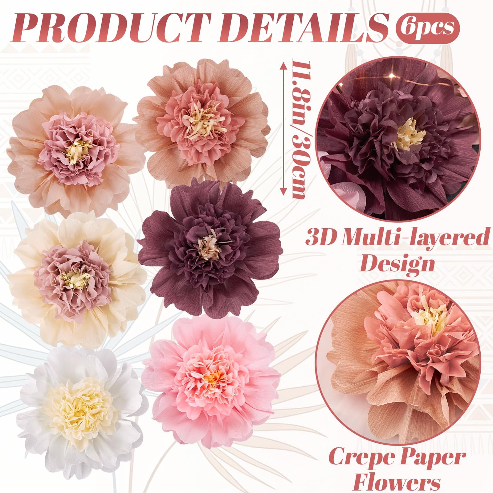 6 Pcs Large Boho Tissue Paper Flowers 12” Giant Crepe Paper Flowers Decorati…