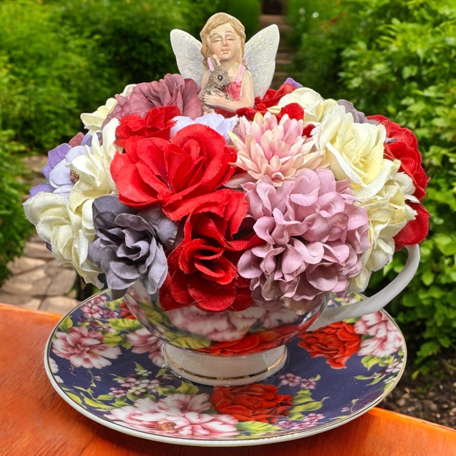 Tea Cup Flower Arrangement W/ Fairy, Shabby Chic Pink Red, Purple Flowers Roses