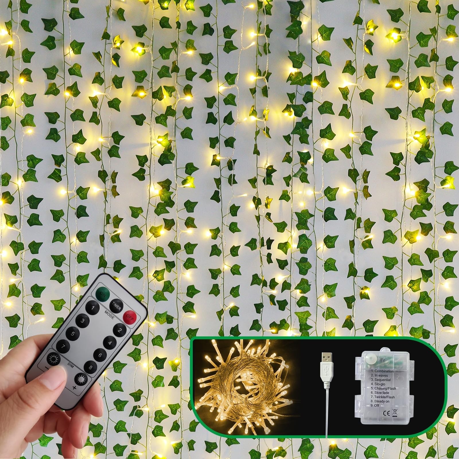 Artificial Vines with LED Fairy Lights, 33ft Green Silk Ivy Garland, 8 Light …