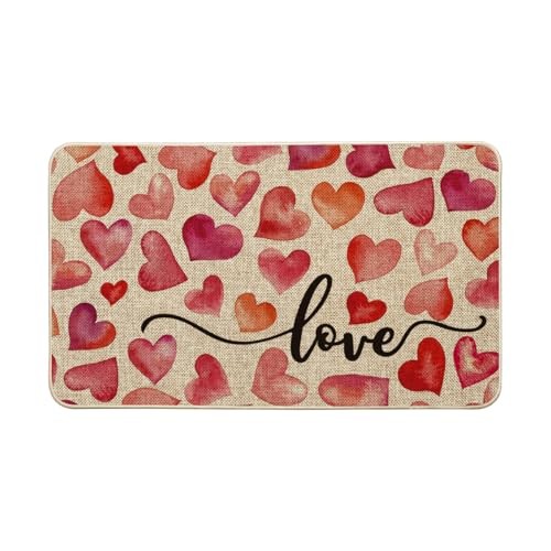 Heart Love Valentine’s Day Doormat, Anniversary Wedding Home 17″ x 29″ Beige