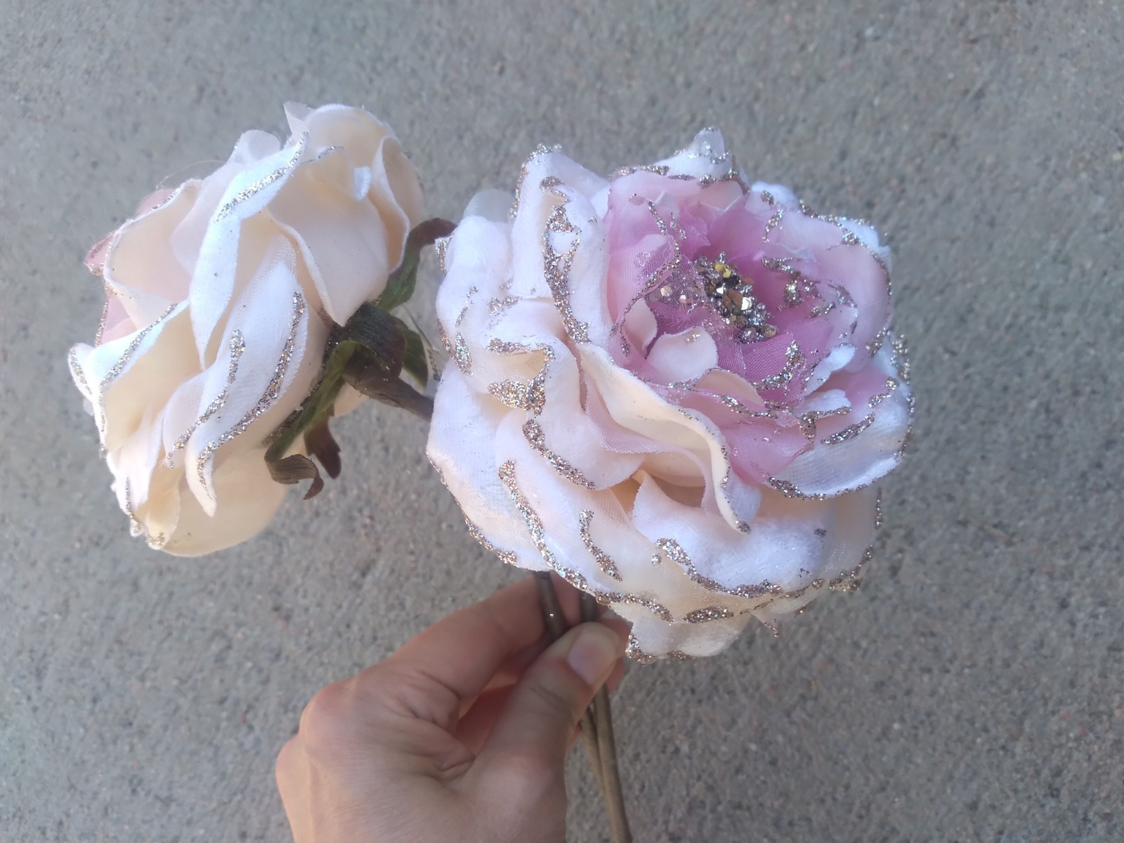 Kurt S Adler Decorative Artificial Flowers Pink Rose x 2 Glitter Rim