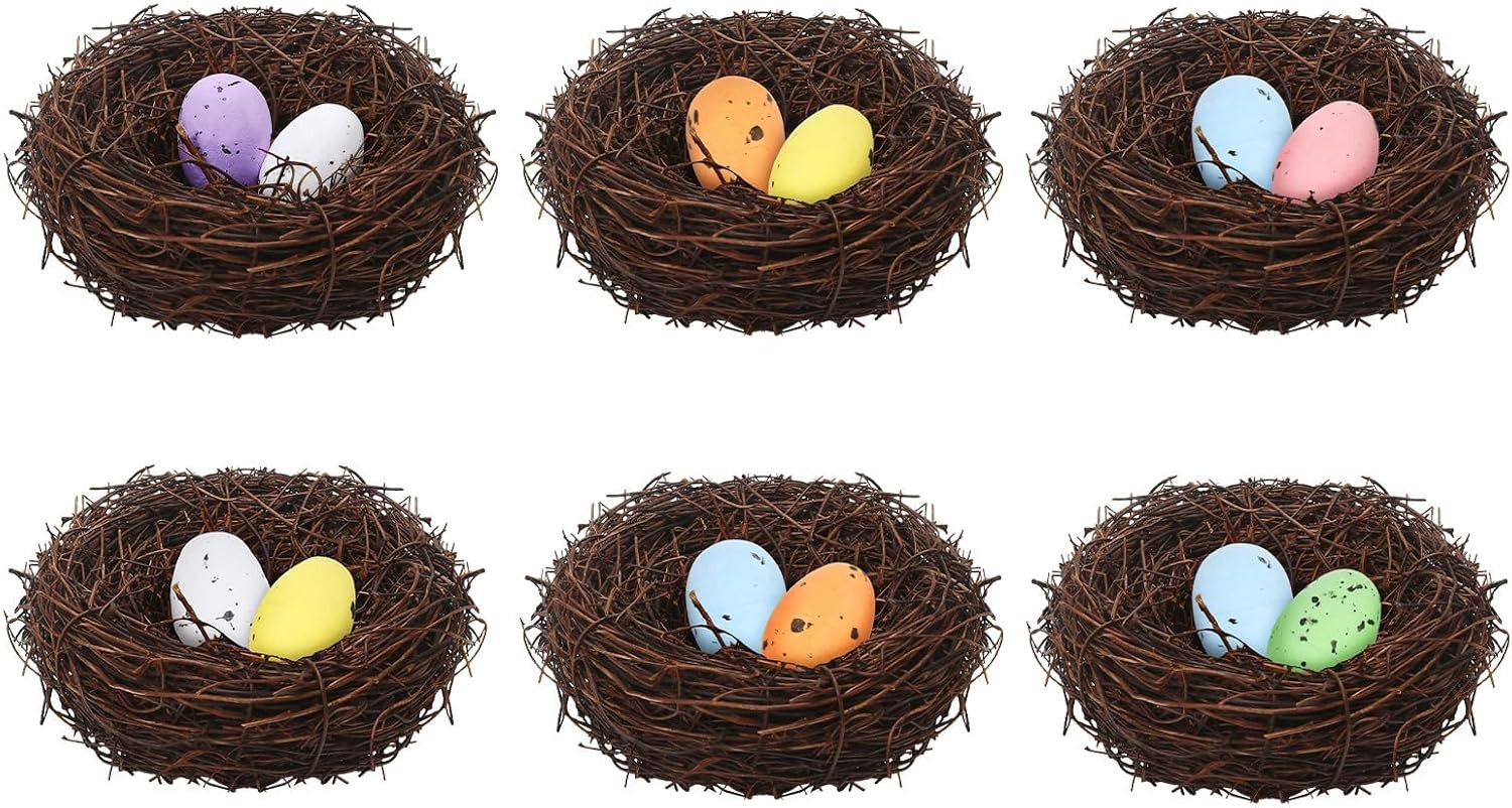 Easter Artificial Bird Nest with Eggs for Crafts, 6Pcs Artificial Rattan Birds N