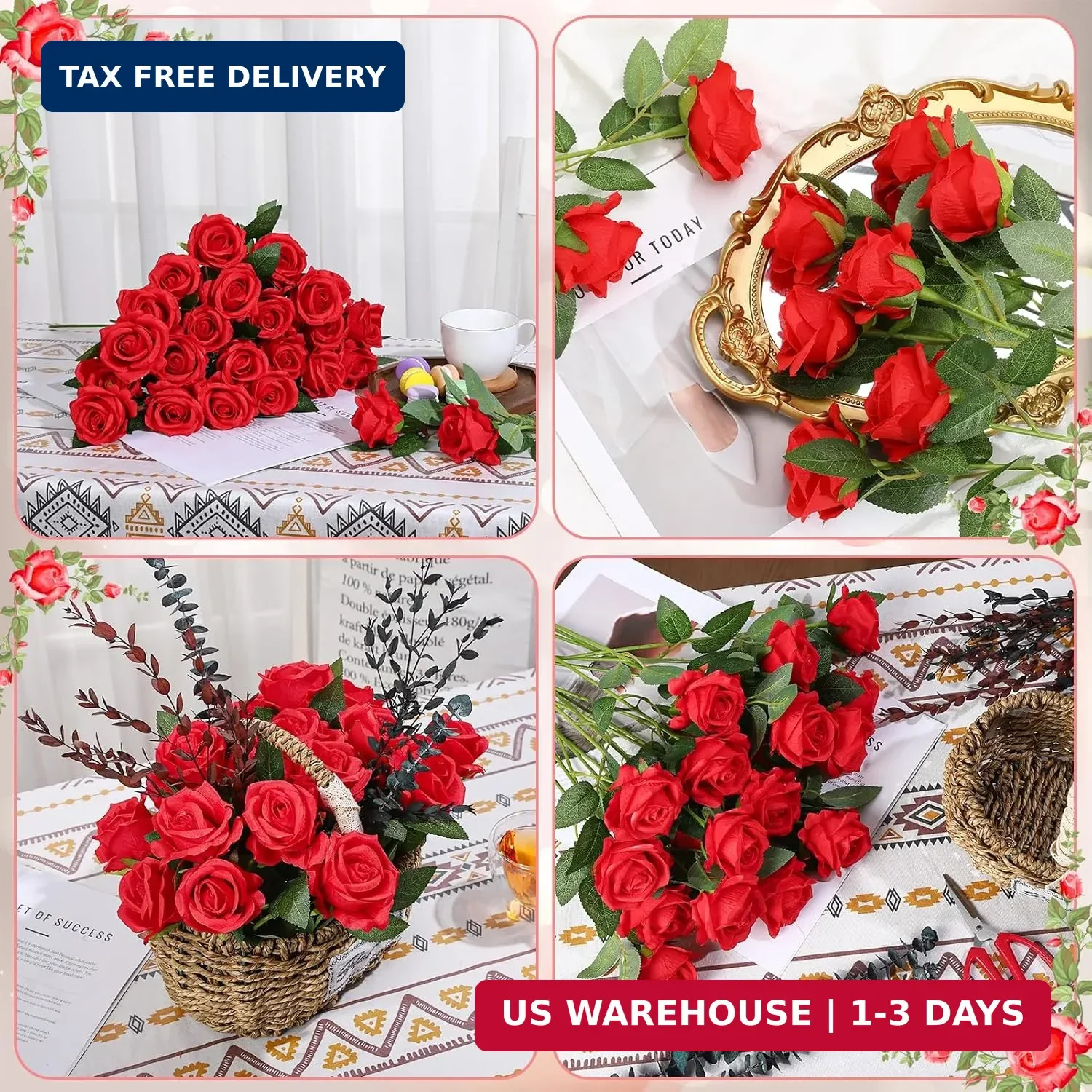 24 Pcs Red Rose Artificial Flowers with Long Stem Real Touch Silk Plastic Bouque