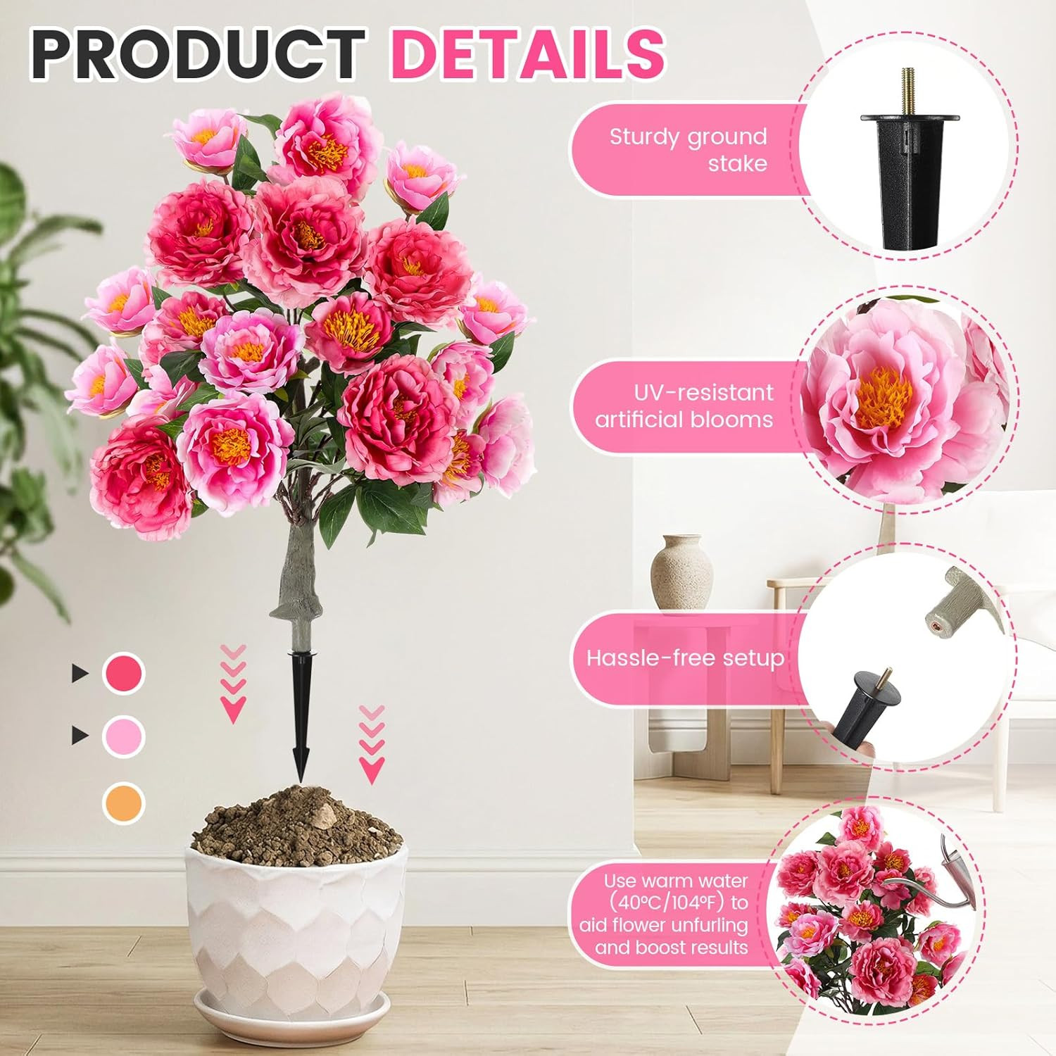 2 Pack 36″ UV Resistant Artificial Peonies for Indoor/Outdoor Decor – Champagne
