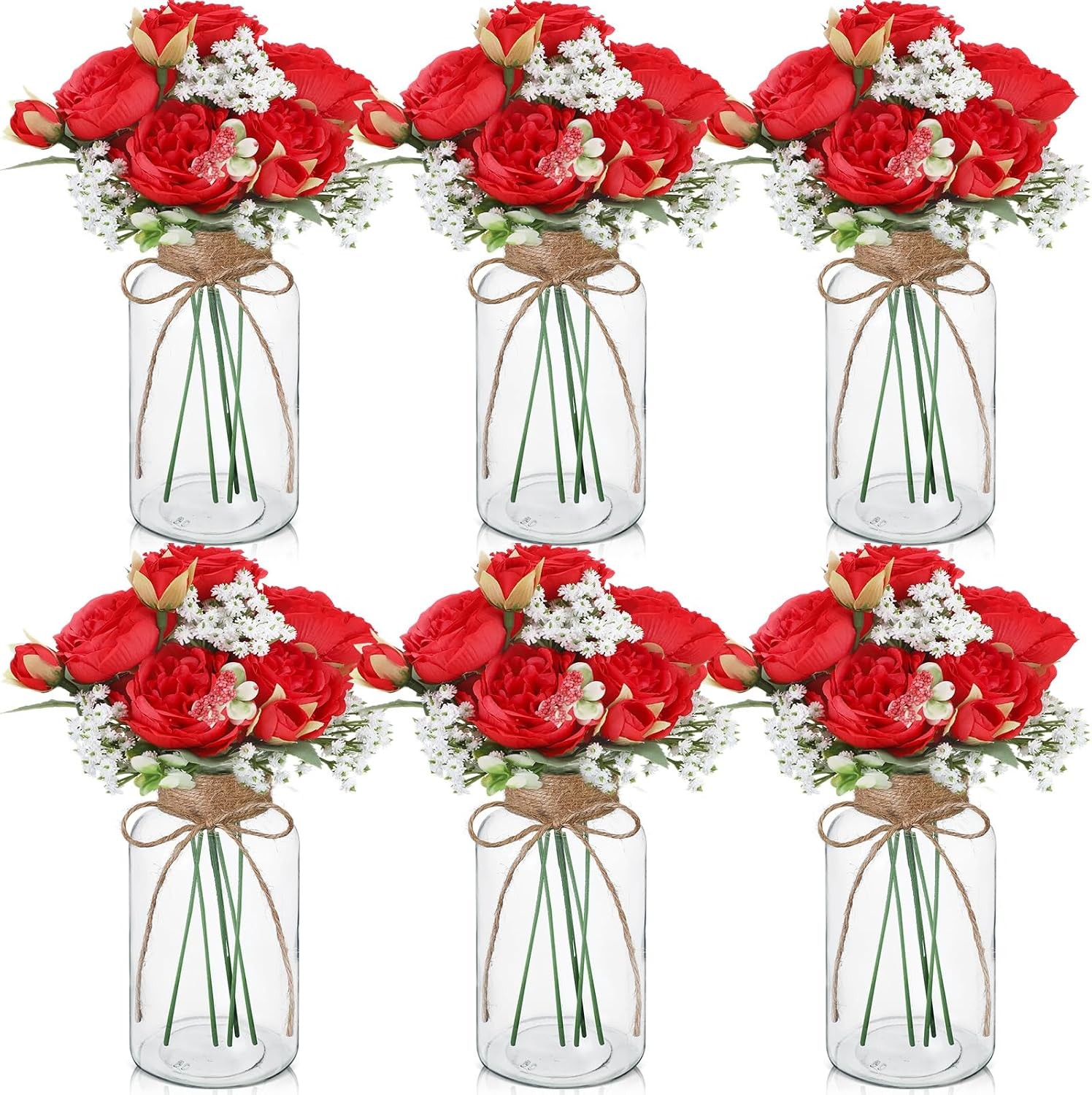 6 Sets Mason Jar Table Centerpiece W/ Artificial Peony Baby’s Breath Flower