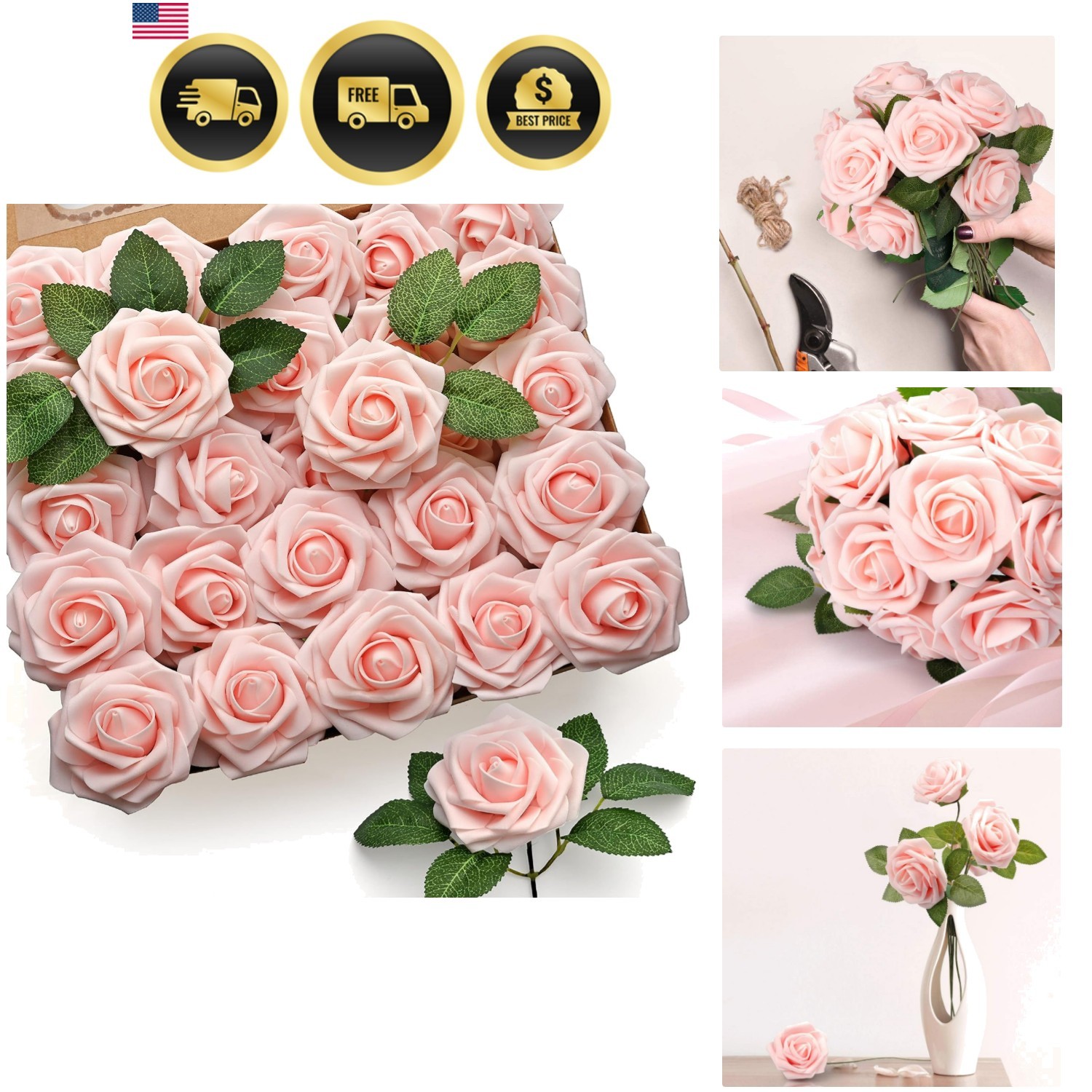 50Pcs Artificial Roses Flowers, Blush Pink Roses Artificial Flowers Foam Fake…