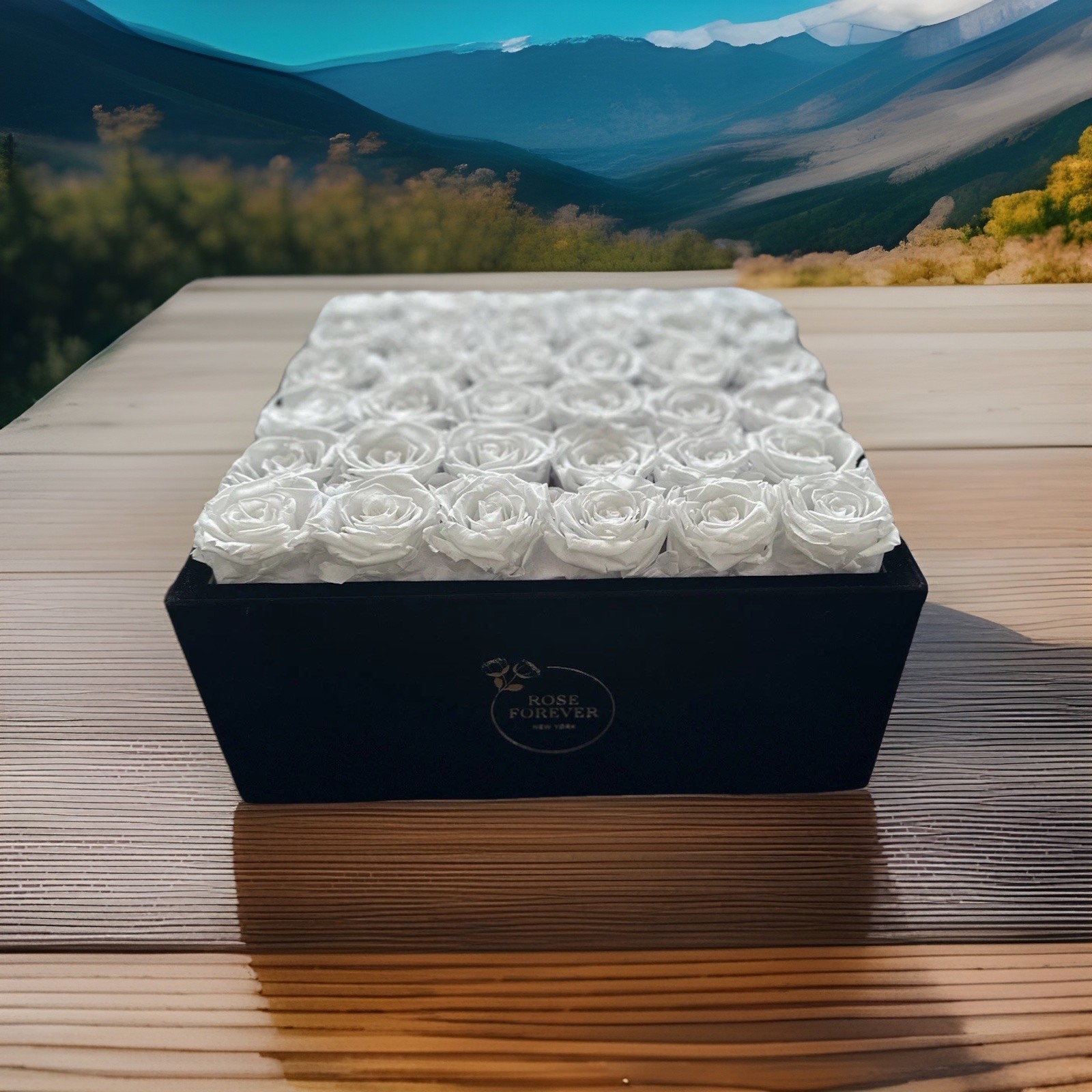 Rose Forever White Artificial Roses Black Square Flower Box Arrangement