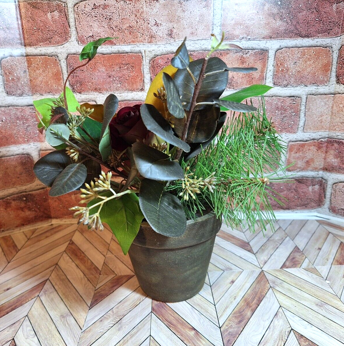 Faux Mixed Floral Arrangement W/Red Roses Rustic felt bottom Pot, Stunning!