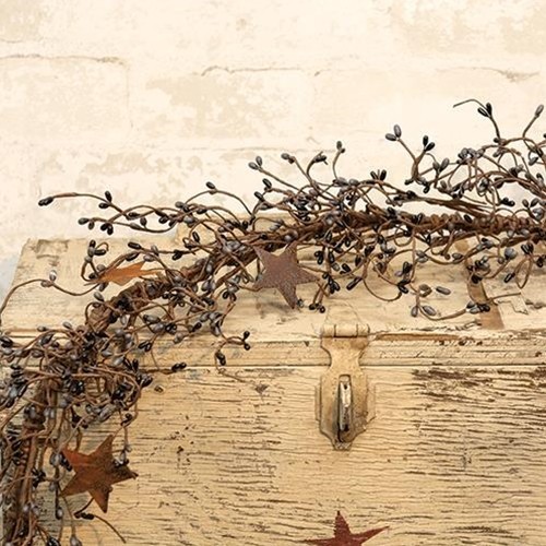 NEW Pip Berry Garland w/ Rusty 2″ Stars GRAY BLACK BERRIES 40″ Primitive Crafts