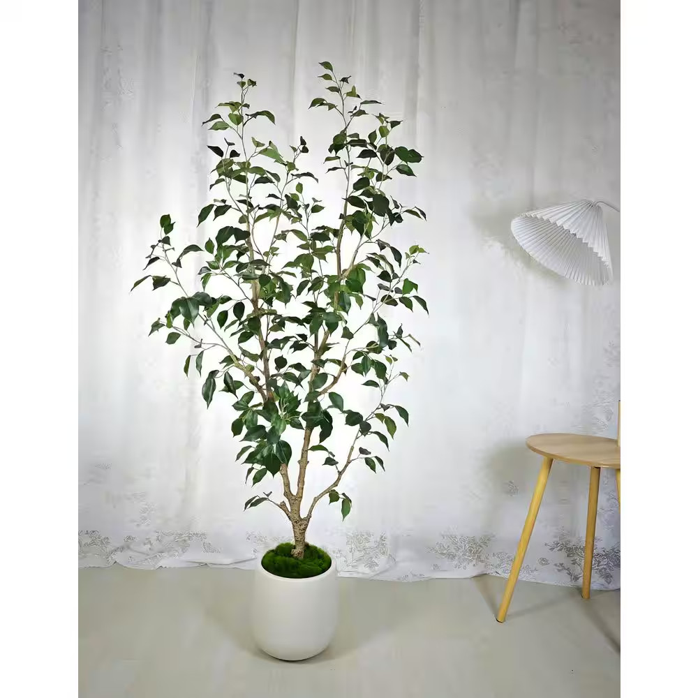 5 Ft. Artificial Ficus Tree in White Decor Pot, Faux Green Plant Indoor Home Dec