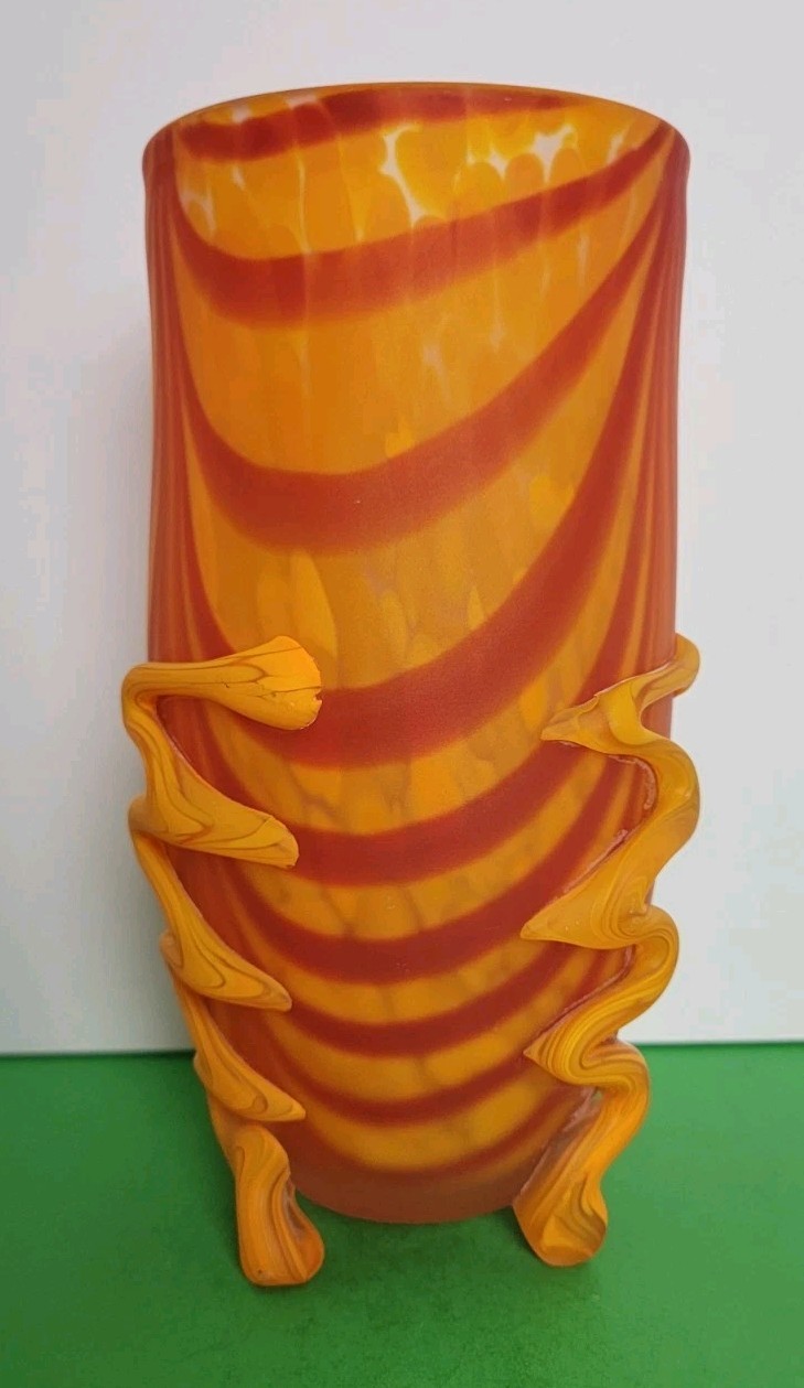 Art Glass 10.25″ x 4.5″ Vase – Orange & Red Swirled Vase With Three Feet