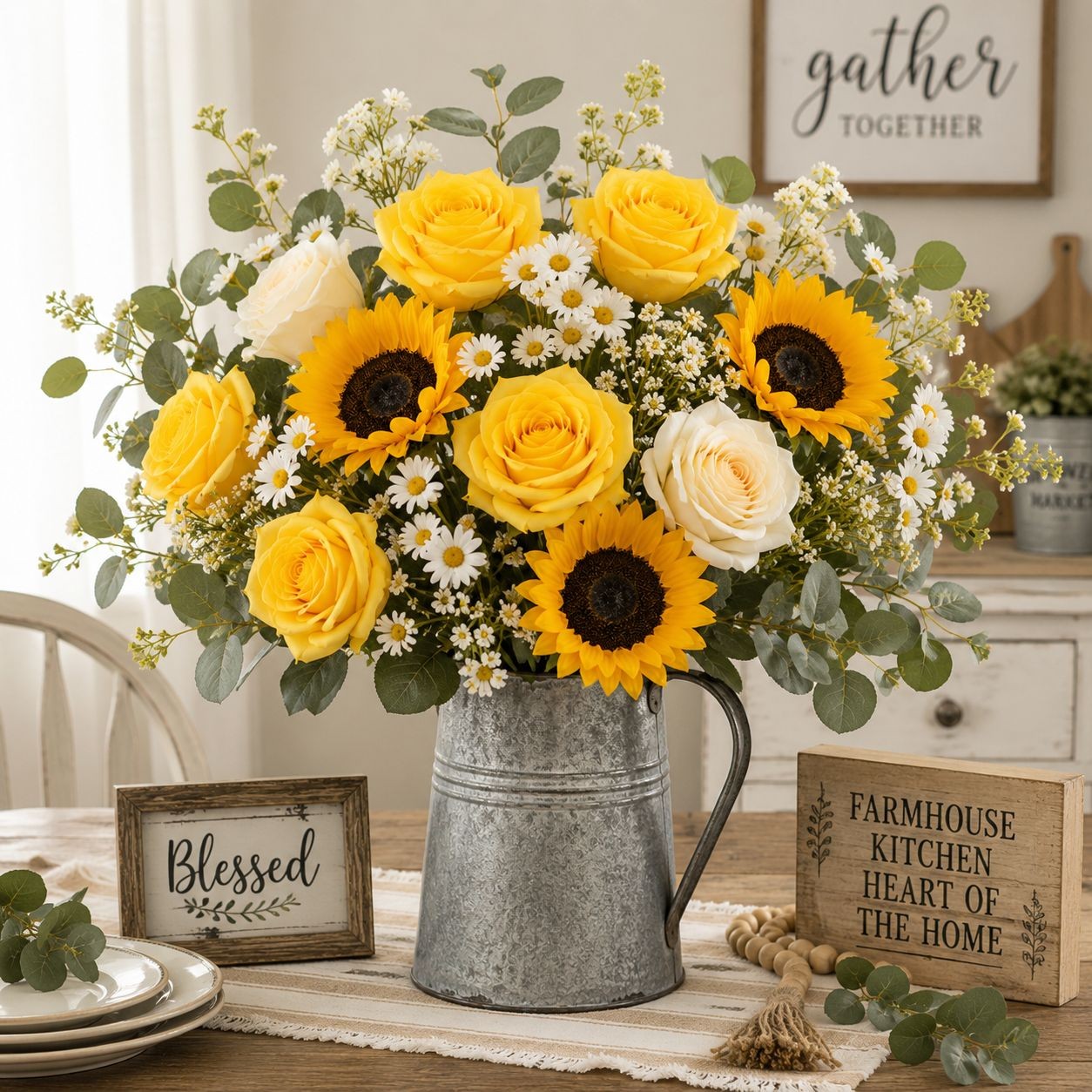 Set of 6 Artificial Yellow Rose Stems 20 Inch Faux Roses Farmhouse Decor Cottage