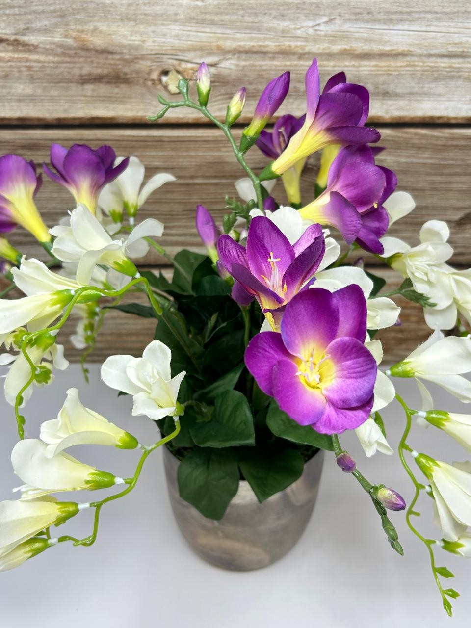 15″ Silk White & Purple FREESIA flowers in 5″ rustic Silver Metal Pot, handmade
