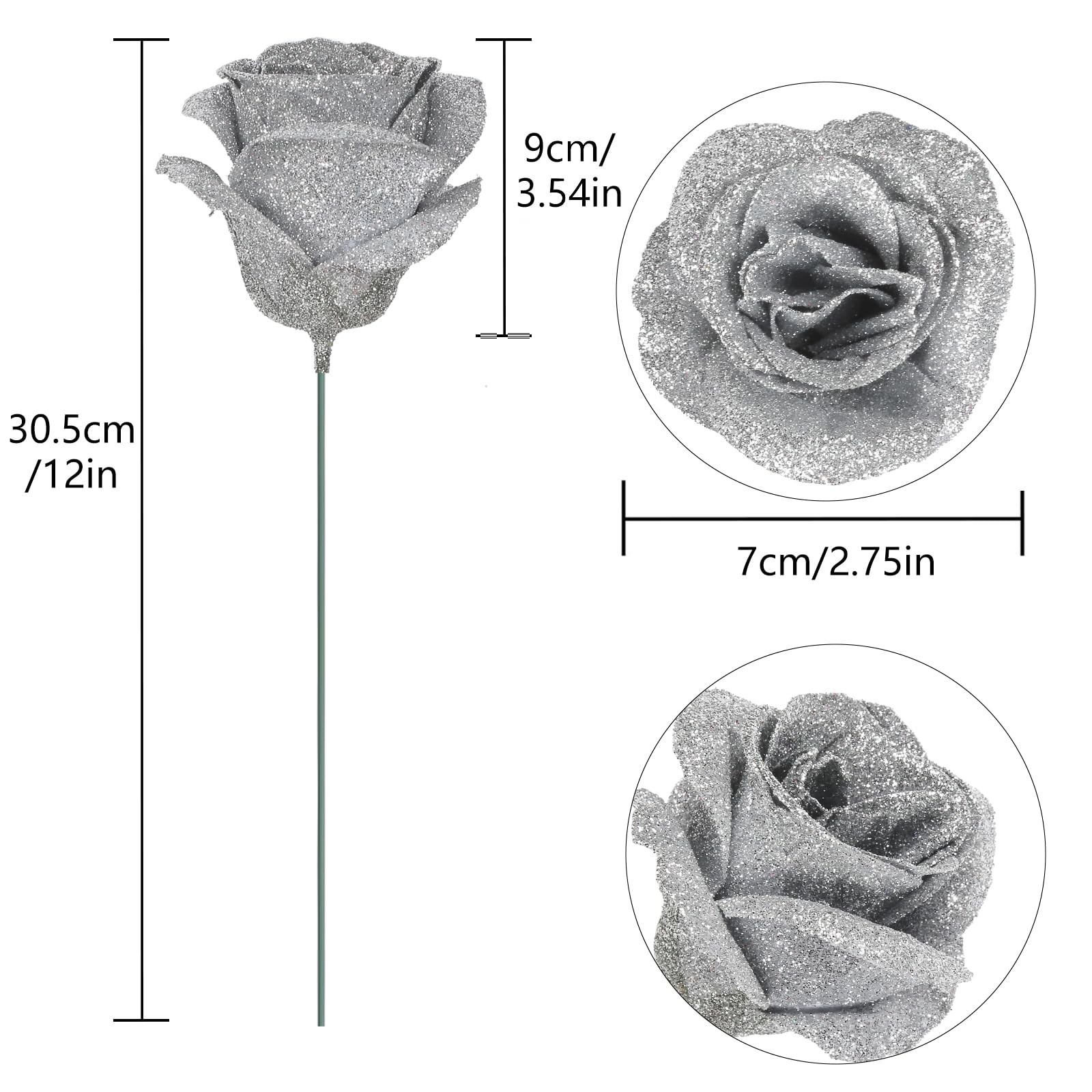 30 PCS Silver Artificial Roses Fake Glitter Silk Flowers for Wedding Decor