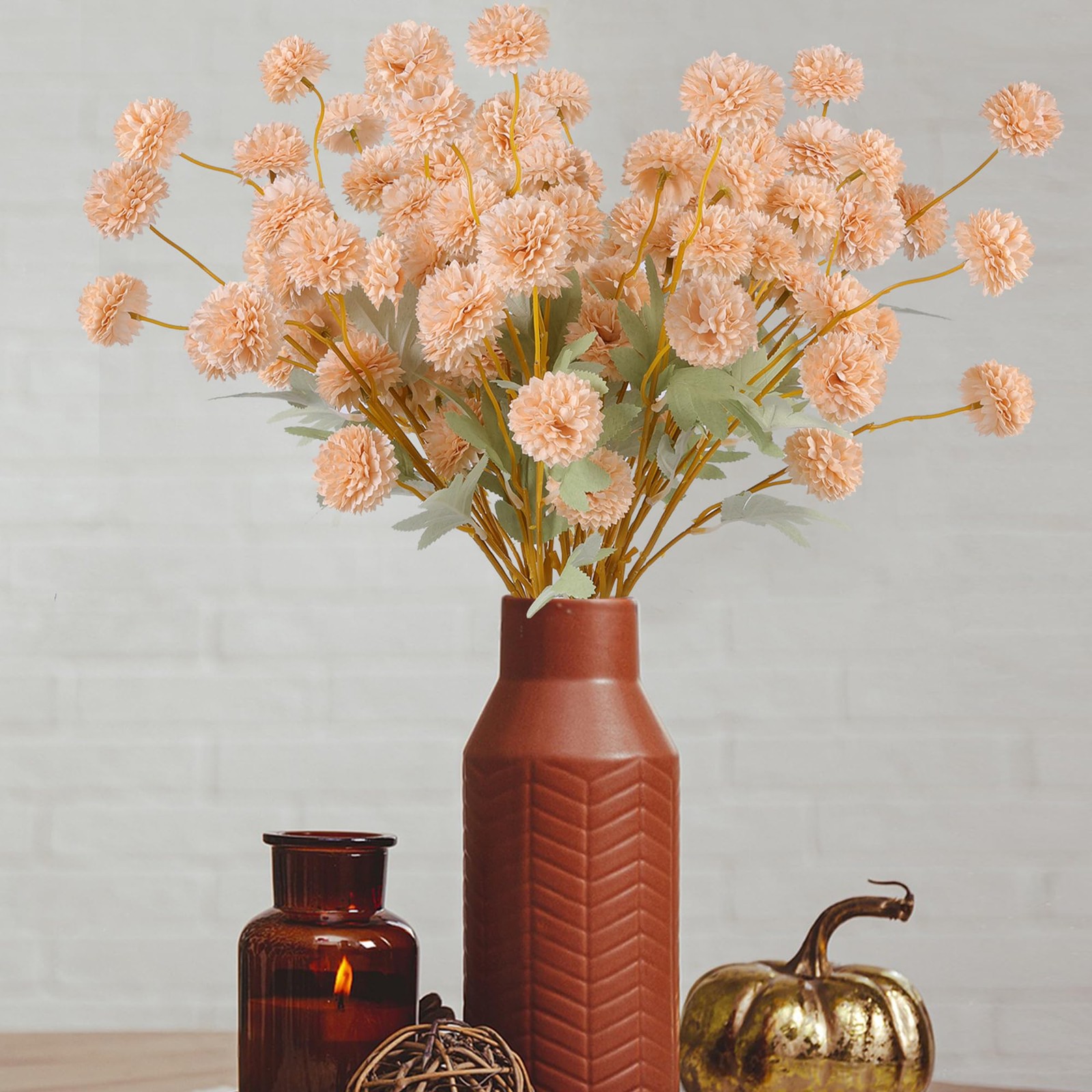 12 Pcs Artificial Chrysanthemum Flowers Beige Kiku Pom Pom Mums Faux Floral Fall