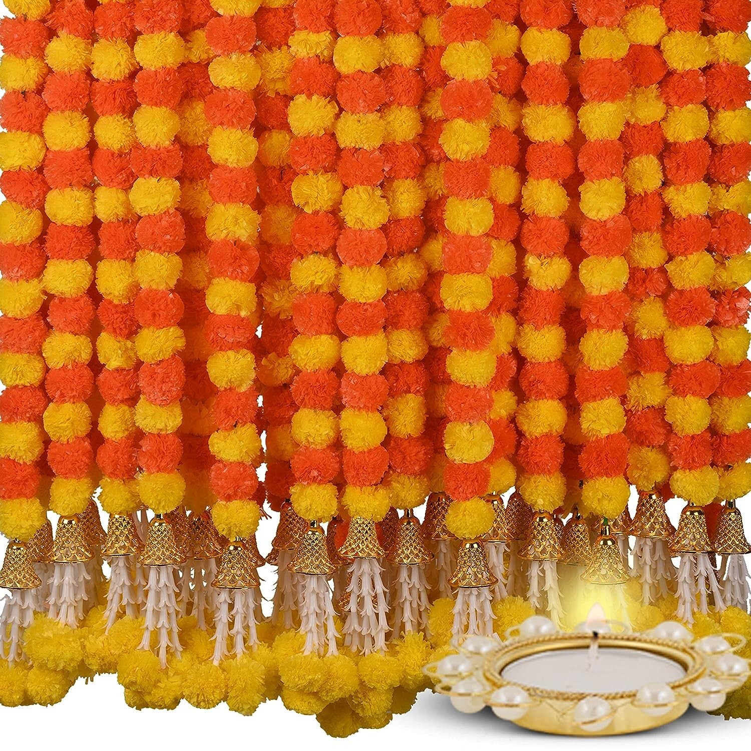 Artificial Marigold Flowers for Decoration Garland with Bell for Diwali & Festiv