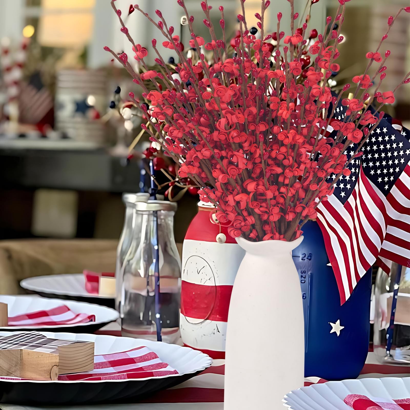 Red Flowers Artificial Jasmine 17.5 Inch Faux Patriotic Red Berries 10 PCS