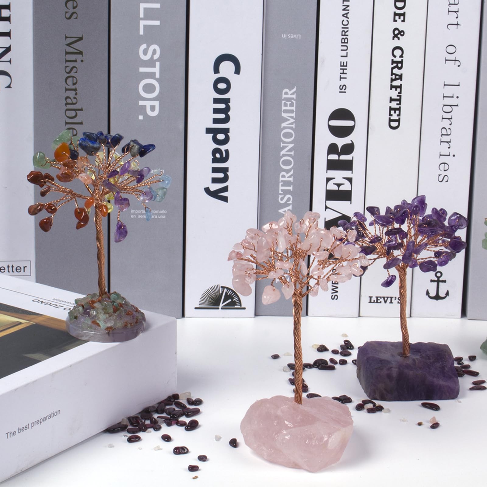Rose Quartz Healing Crystal Tree，Natural Reiki Life Stone Base Copper Wire Tr…