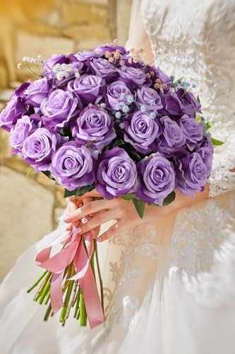 10PCS Artificial Roses Flower with Stems Slik Fake Flowers Light Purple