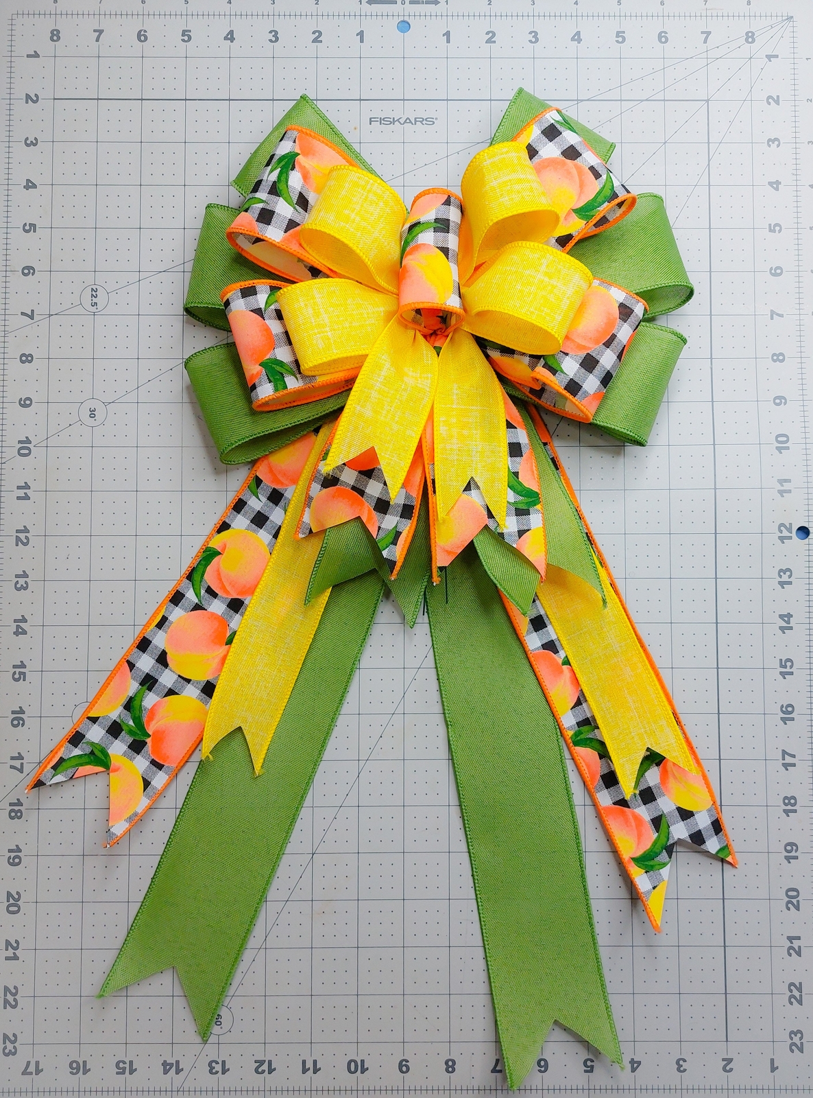 Peaches on Check with Yellow and Green Bow