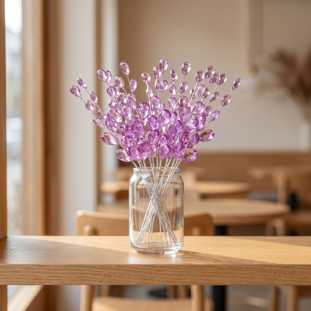 30Pcs Reusable Acrylic Beaded Crystal Flower Branch Purple for Decor DIY Crafts