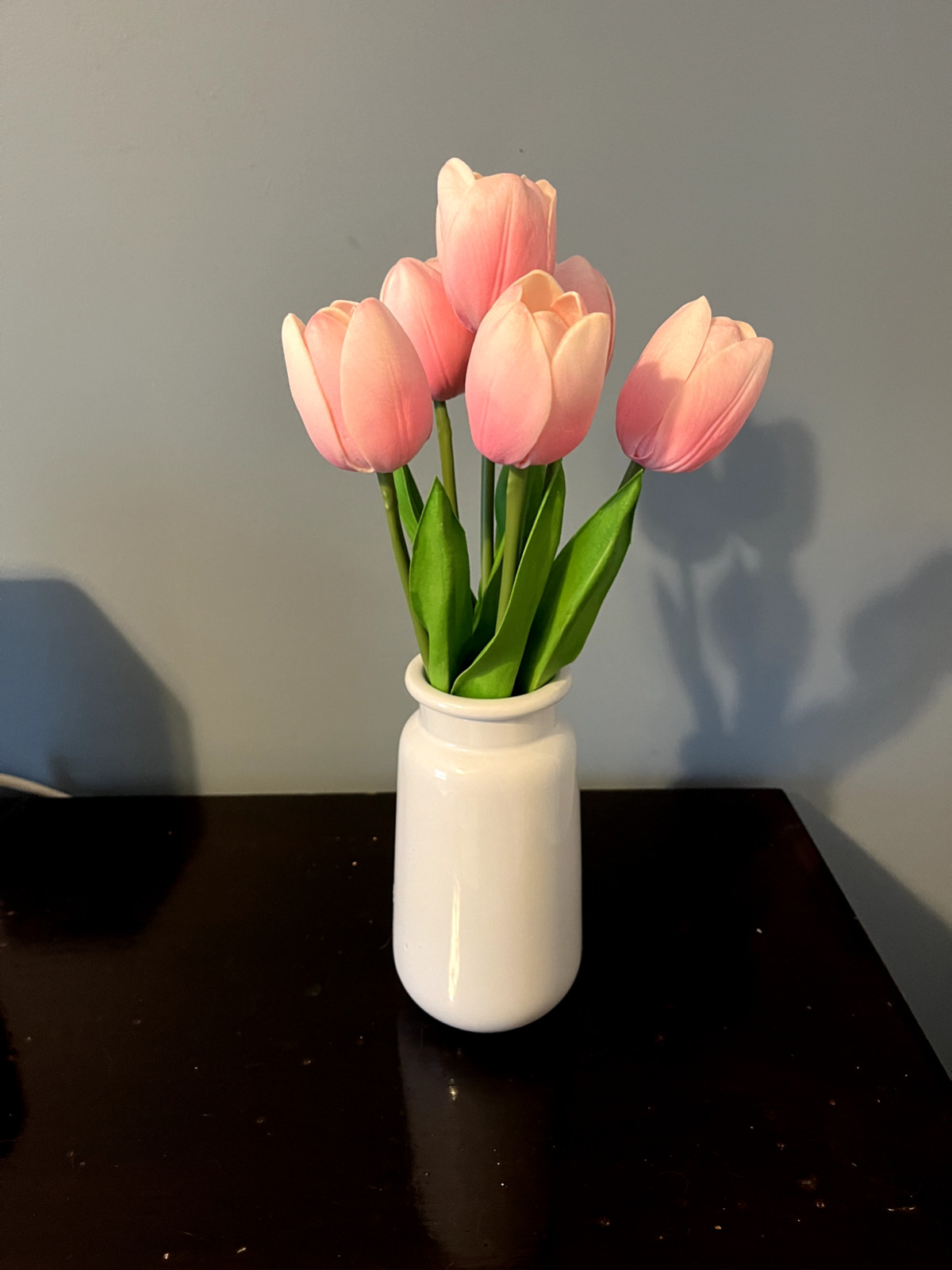 Artificial Pink Tulips Arrangement in White 7″ Vase, Set of 2, 14.5″ Tall NEW