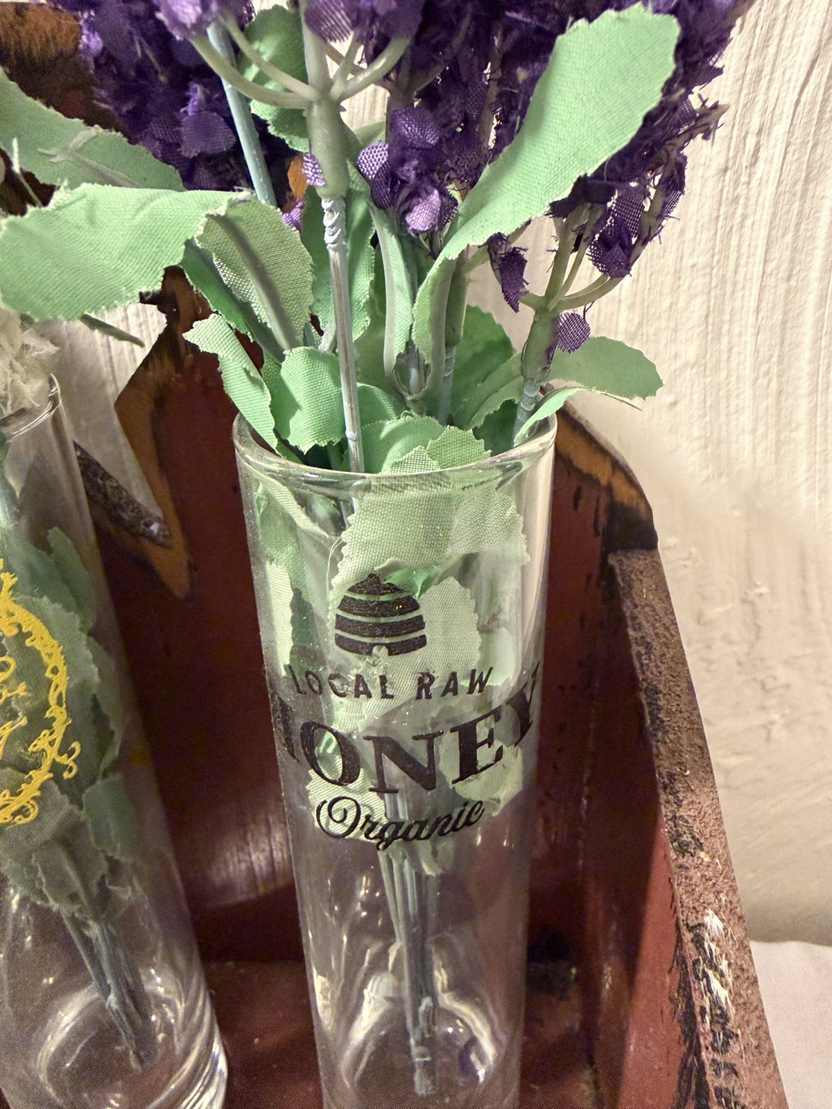 Welcome Spring Artificial Lavender Flowers Wooden Box Glass Set 3