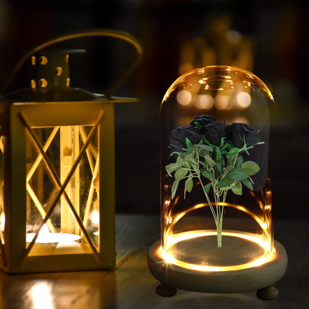 1 Set Delicate Preserved Flower Glass Cover with Wooden Base for Decor