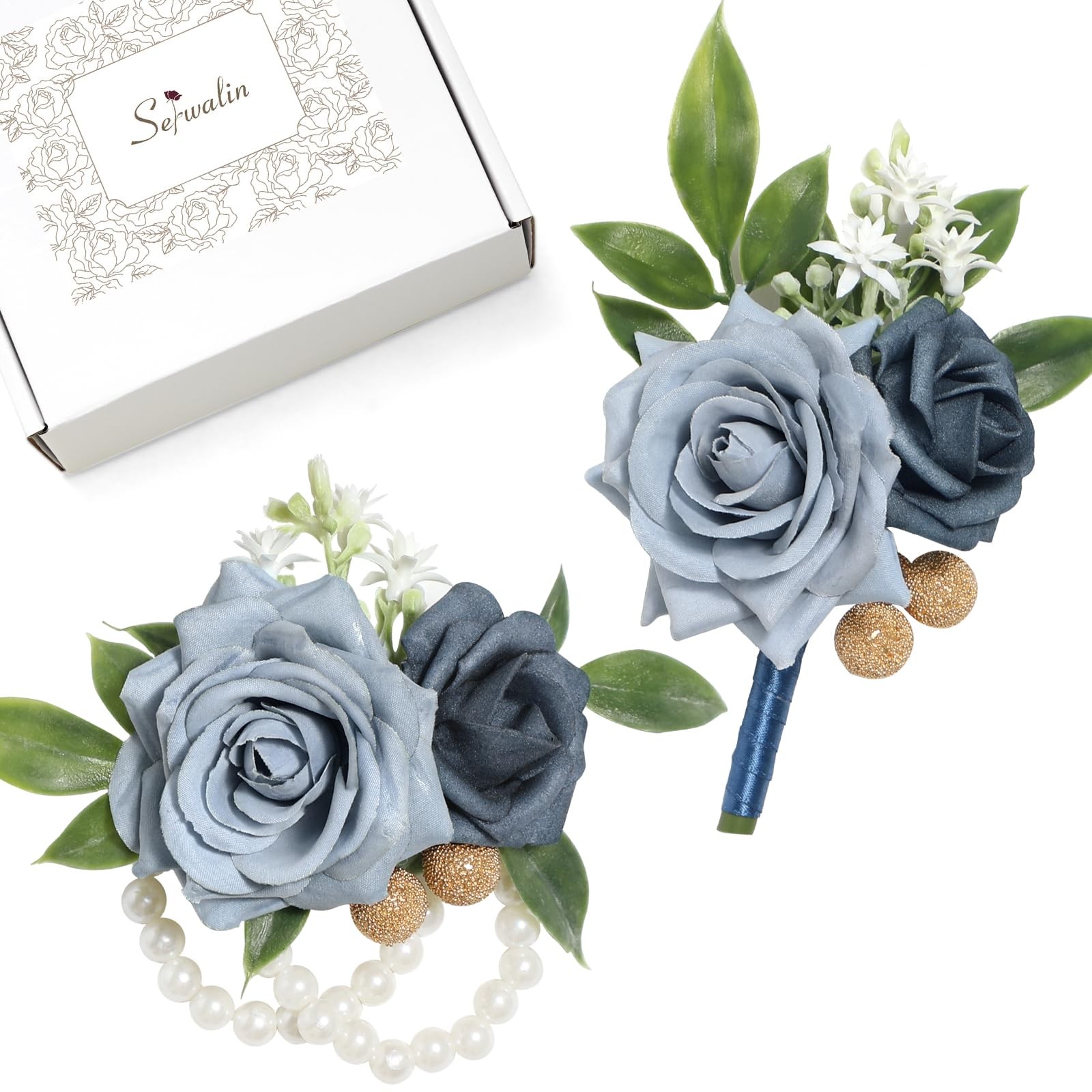 Dusty Blue Rose Prom Wrist Corsage Boutonniere Set Wedding Flowers 2 PCS